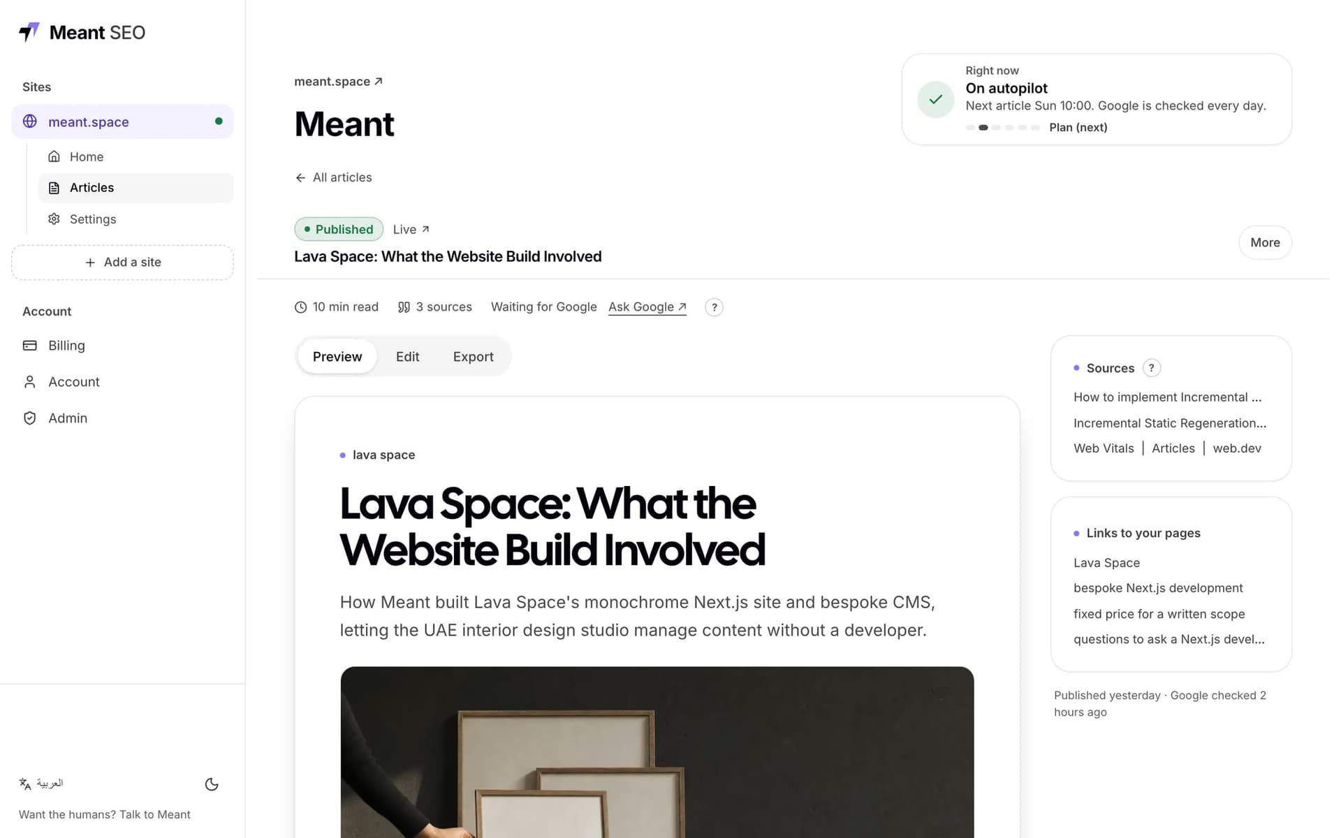 Each article arrives with its sources and its links to the customer’s own pages