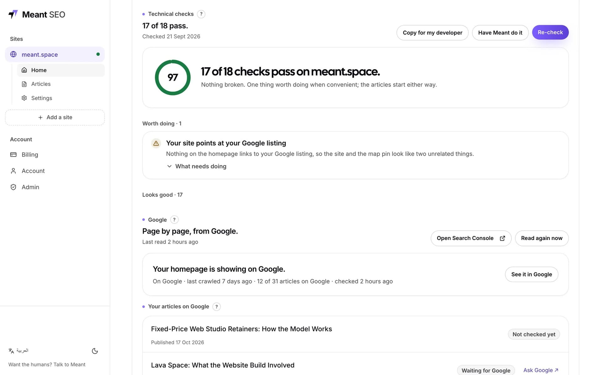 The technical checks, each fix written out, one button to send it to the developer