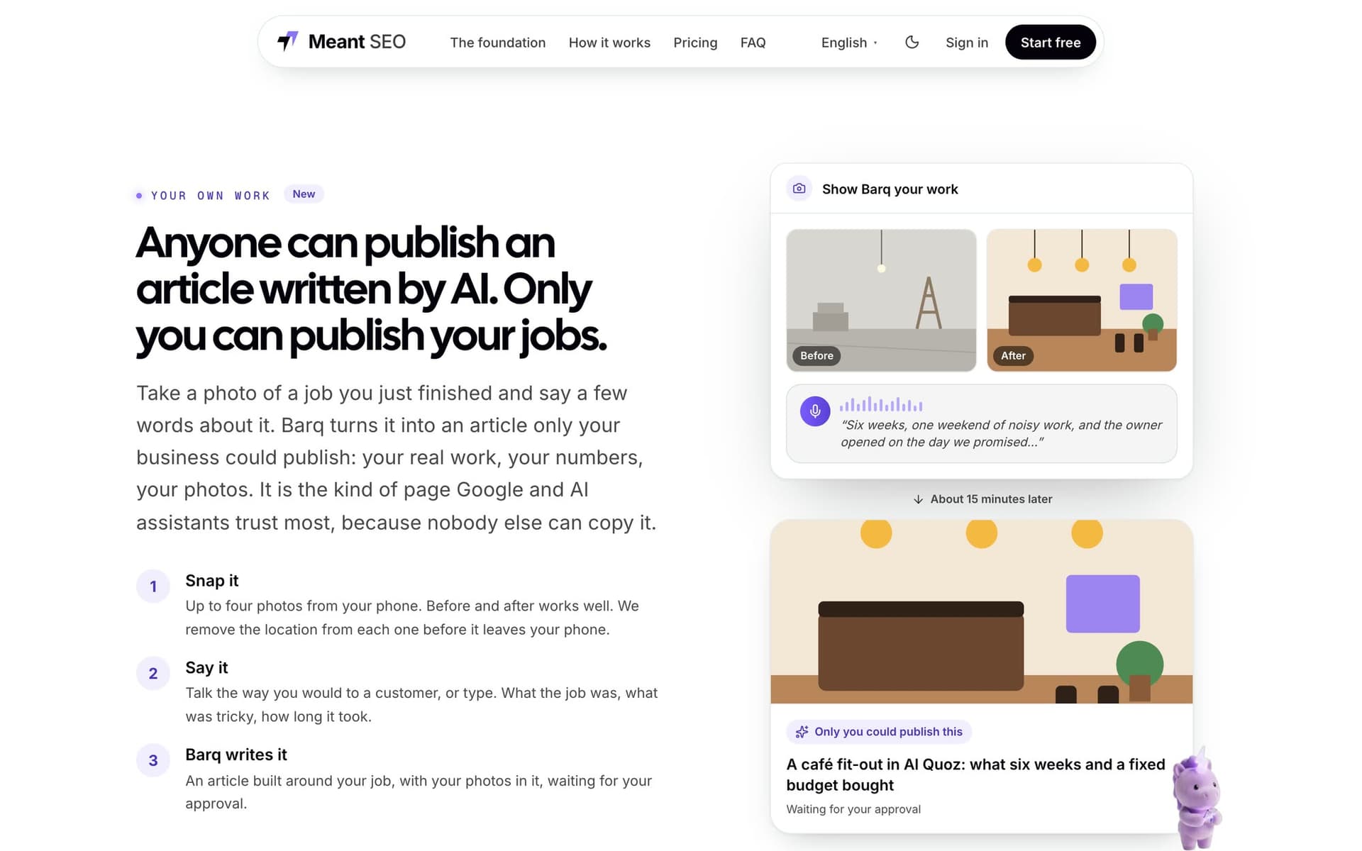 Show Barq your work: photos and a few spoken words become an article only that business could publish
