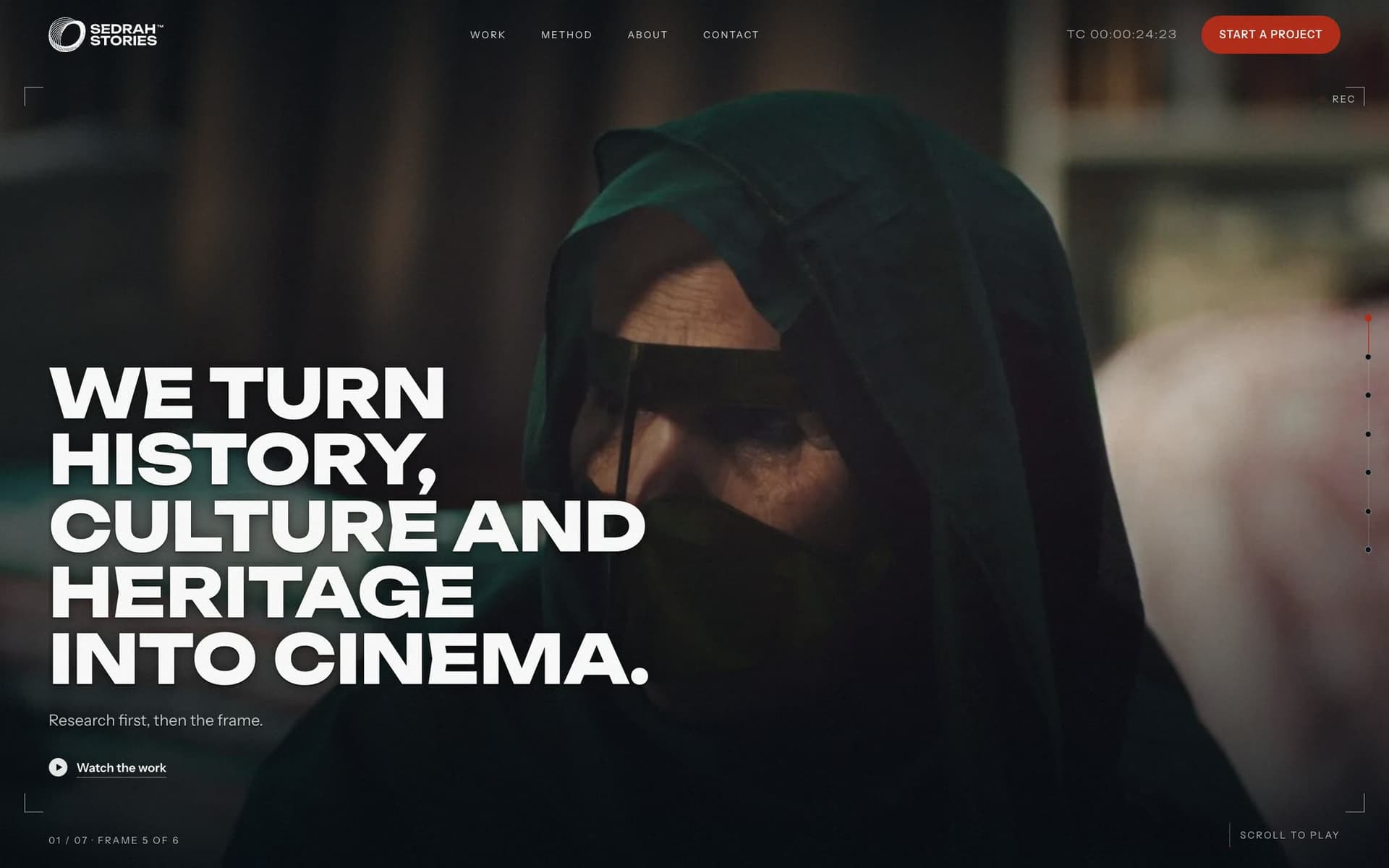 The hero is a reel: six frames of their own footage, advanced by scroll