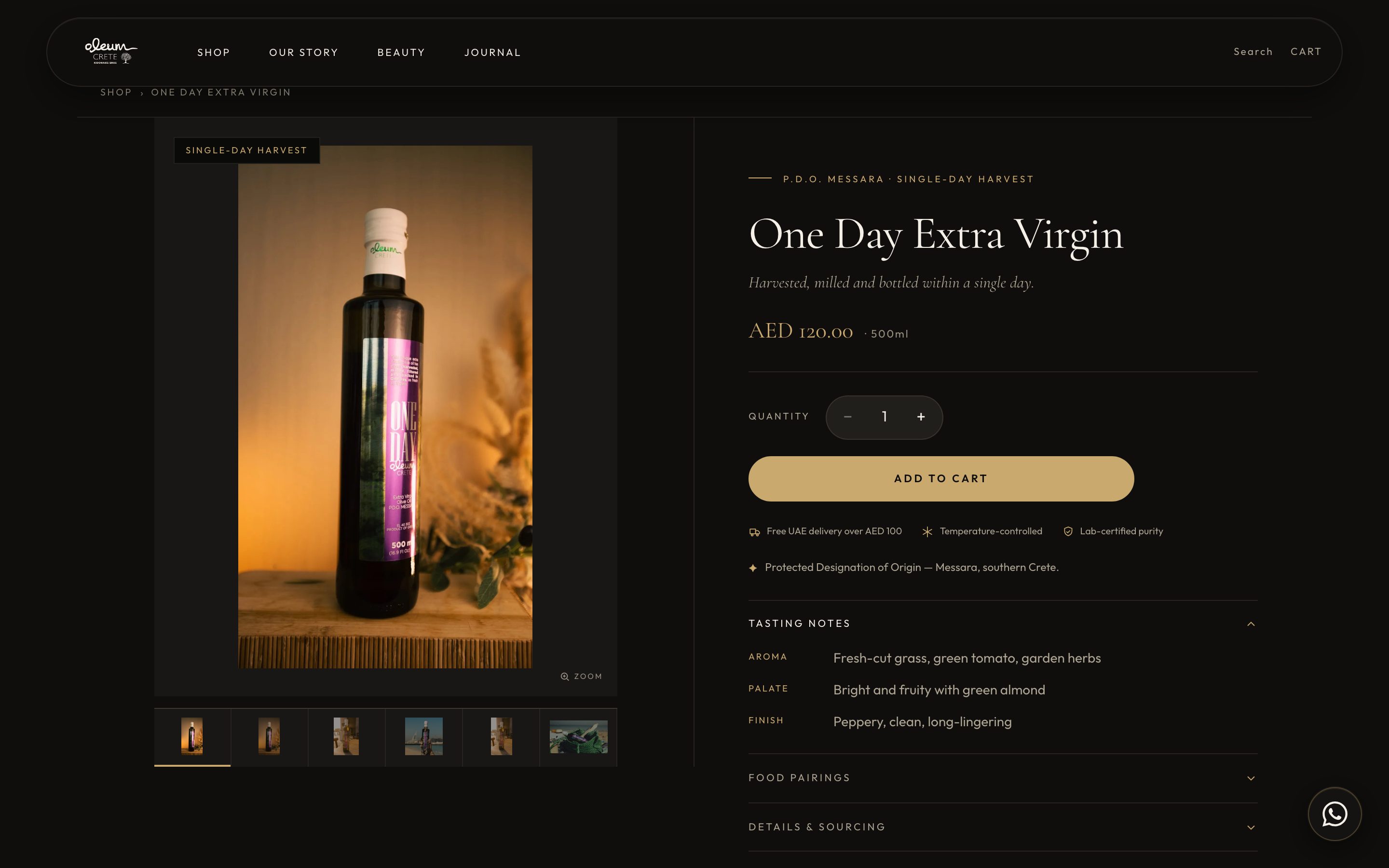 The product page: buy moment above the fold, tasting notes and PDO sourcing in accordions, Apple Pay